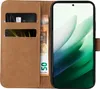 A brown flip-case wallet for a smartphone, with cards and banknotes inserted. Produktbild-Vorschau