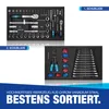 A collage of two tool drawers, one with various hand tools and the other with wrenches and wire connectors, set against a white background with marketing text at the bottom. Produktbild-Vorschau