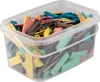 A clear, well-lit studio shot of a clear plastic bucket filled with colorful wooden glazing blocks. Produktbild-Vorschau
