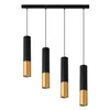 A product shot of a black and gold pendant light fixture with four cylindrical lamps. Produktbild-Vorschau