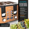 A close-up of a copper-colored toaster with controls and displays, alongside images of toast with toppings. Voir les images du produit