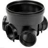 A black plastic drainage system component with multiple inlets and one outlet. Náhľad obrázku produktu
