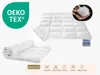 A collage of images showing a white down comforter, a close-up of its stitching, a handful of down feathers, and washing instructions. Produktbild-Vorschau