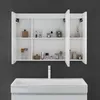 A white bathroom cabinet with mirrored doors, open to reveal shelves stocked with toiletries, above a white sink and faucet. Produktbild-Vorschau