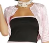 A woman wearing a pink bolero jacket over a black strapless dress and a pearl necklace. Produktbild-Vorschau