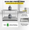 A collage of images showcasing a stainless steel work table and its features. Voir les images du produit