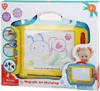The image shows the packaging of a magnetic art workshop toy, with a drawing of a butterfly on the board and a child holding a smaller version of the toy. Produktbild-Vorschau