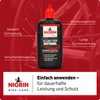 A bottle of NIGRIN BIKE-CARE Allwetter Kettenöl is shown with feature callouts. Produktbild-Vorschau