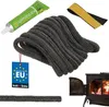 A collection of items for sealing a wood-burning stove, including a tube of adhesive, a roll of sealing rope, a strip of adhesive tape, and a small wood-burning stove with its door open. Podgląd zdjęcia produktu