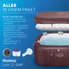 A promotional image for a Bestway Lay-Z-Spa hot tub, showcasing its features and included accessories. Produktbild-Vorschau