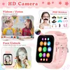 Collage of images showcasing the features of a pink smartwatch for children, including its camera, video/photo capabilities, face unlock, and fun stickers. A smartwatch is also shown in the foreground. Voir les images du produit