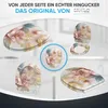 A collage of images showcasing a toilet seat with a floral design from different angles. Produktbild-Vorschau