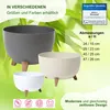 Three planters of different sizes and colors are displayed against a green, leafy background. Text overlays provide product information and features. Produktbild-Vorschau