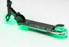 A close-up, angled view of a black scooter with green LED lights on its wheels and deck, set against a white background. Voir les images du produit