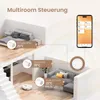 Illustration showing a smart home heating control system with a smartphone app interface and different rooms with temperature readings. Produktbild-Vorschau