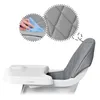 A close-up view of a gray high chair seat with a tray, and inset images showing a hand cleaning the seat and a detailed view of the seat's quilted texture. Náhled obrázku produktu
