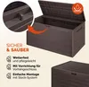 A brown garden storage box with its lid open, shown with informational text and icons. Anteprima dell’immagine prodotto