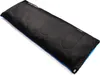 A black sleeping bag with blue trim, lying on a white background. Produktbild-Vorschau
