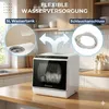 A compact dishwasher is shown on a wooden countertop, with graphics illustrating its flexible water supply options: a 5L water tank and a hose connection. Produktbild-Vorschau