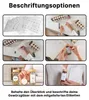Collage mit weißen Etiketten für Gewürzgläser, einer Person, die auf Etiketten schreibt, einem Etikett auf einem Glas und zwei beschrifteten Gewürzgläsern auf einer Arbeitsplatte Produktbild-Vorschau