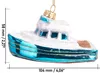 A glass boat ornament with dimensions indicated. Voir les images du produit
