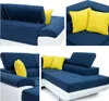 A collage of four close-up images of a blue and white sectional sofa with yellow accent pillows. Náhľad obrázku produktu