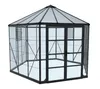 A hexagonal greenhouse with an anthracite frame and clear glass panels, shown from a slightly elevated diagonal angle against a white background. Produktbild-Vorschau