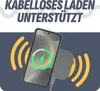 A smartphone is shown being wirelessly charged on a charging pad, with charging waves emanating from both devices. Produktbild-Vorschau