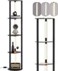 A collage showing a floor lamp with shelves and decorative items, and separate images of the lamp's light fixtures. Podgląd zdjęcia produktu
