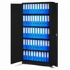 An open black metal filing cabinet filled with many blue binders. Voir les images du produit
