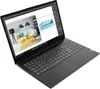 A black Lenovo V15-G2 laptop is shown from a diagonal angle, open and displaying a graphic design application on its screen. Produktbild-Vorschau