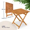 A wooden folding table and its folded state are shown with dimensions indicated. Produktbild-Vorschau