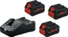 A black battery charger and three black and red 18V lithium-ion batteries are arranged on a white background. Produktbild-Vorschau