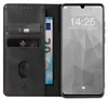 A black leather flip case for a smartphone, showing the phone screen displaying the time and date, and inside the case, there are slots for cards and a banknote. Produktbild-Vorschau