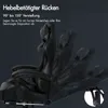 A black gaming chair is shown in multiple reclining positions, with text overlay describing its features. Produktbild-Vorschau