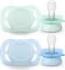 Two pairs of baby pacifiers, one green and one blue, displayed against a white background. Voir les images du produit