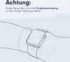 An illustration of a hand wearing a smartwatch with a dotted line indicating how to measure the wrist for size selection. Produktbild-Vorschau