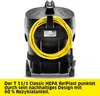 A black vacuum cleaner with a yellow cord is shown from the back, with text overlay describing its features. Voir les images du produit