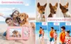 A collage of images showing a pink digital camera, people and dogs on a beach, close-ups of a dog, and zoom levels of a family on a beach. Produktbild-Vorschau