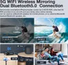 Collage of images showing a projector and its features, including Wi-Fi connectivity, Bluetooth connection, and a family enjoying a movie. Podgląd zdjęcia produktu
