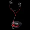 A pair of red and black earphones with a black carrying case, set against a black background. Produktbild-Vorschau