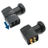 Two views of a satellite connector, one showing the input ports and the other showing the output ports with colored connectors. Produktbild-Vorschau