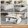 A collage of images showing a white coffee table in different configurations and states of use. Produktbild-Vorschau
