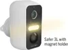 A white security camera with a black faceplate is mounted on a white bracket. A yellow light emanates from the camera. Náhľad obrázku produktu