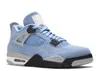 A single Air Jordan 4 Retro University Blue sneaker is shown against a white background. Produktbild-Vorschau