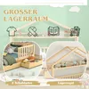 Collage of images showing a children's house bed with storage features and decorative elements. Náhľad obrázku produktu
