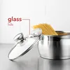 A close-up shot of a stainless steel pot with spaghetti inside, and a glass lid is placed next to it. Text overlays highlight 'glass lids'. Anteprima dell’immagine prodotto