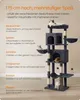 A multi-level cat tree with cats on various platforms and in cubbies, with descriptive text in German highlighting features. Produktbild-Vorschau
