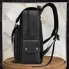 A black rucksack is displayed on a wooden stand against a marbled background. Produktbild-Vorschau