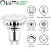 A product image of an LED lamp with accompanying feature icons and text. Produktbild-Vorschau